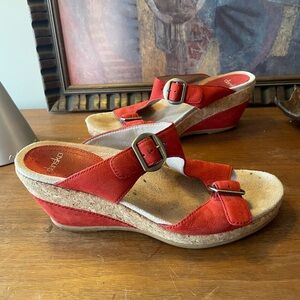 Dansko Carla Wedge Tomato Red Leather Slide Adjustable Buckle Sandals
